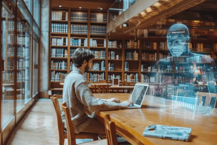 Chico sentado en una mesa de una biblioteca estudiando IA.